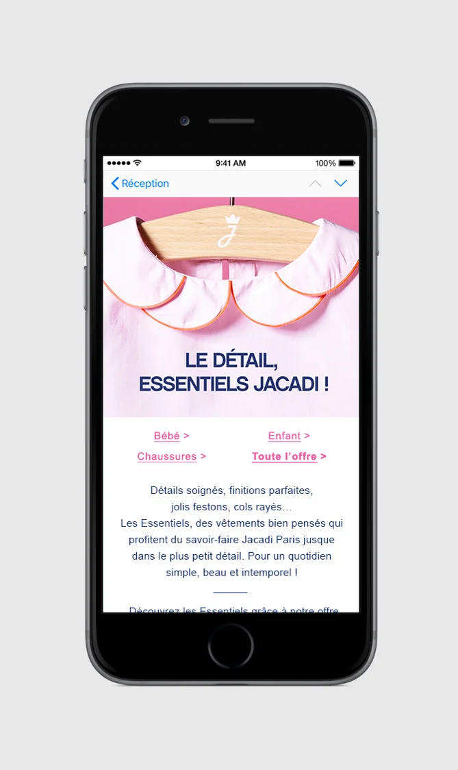 Parti pris : message court et impactant. Mise en avant du savoir-faire de la marque puis de la promotion dans un second temps.