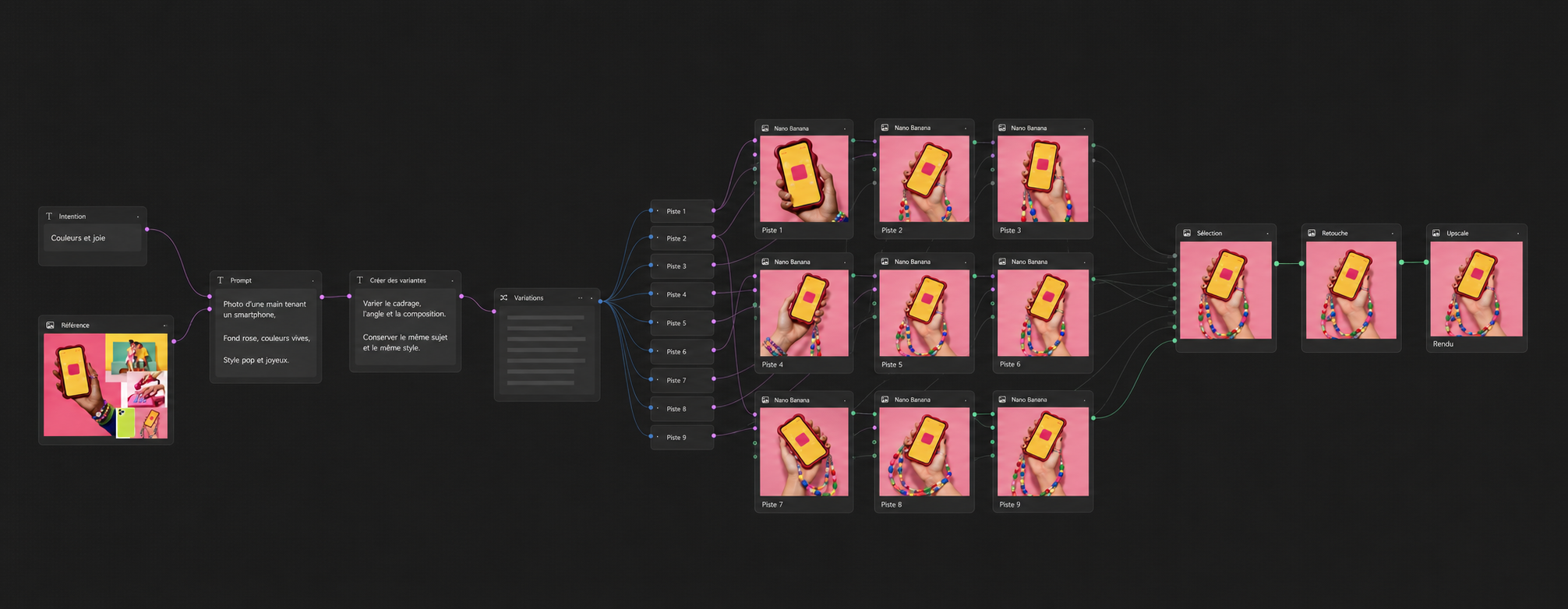 Le workflow dans Figma Weave : chaque nœud est une décision.