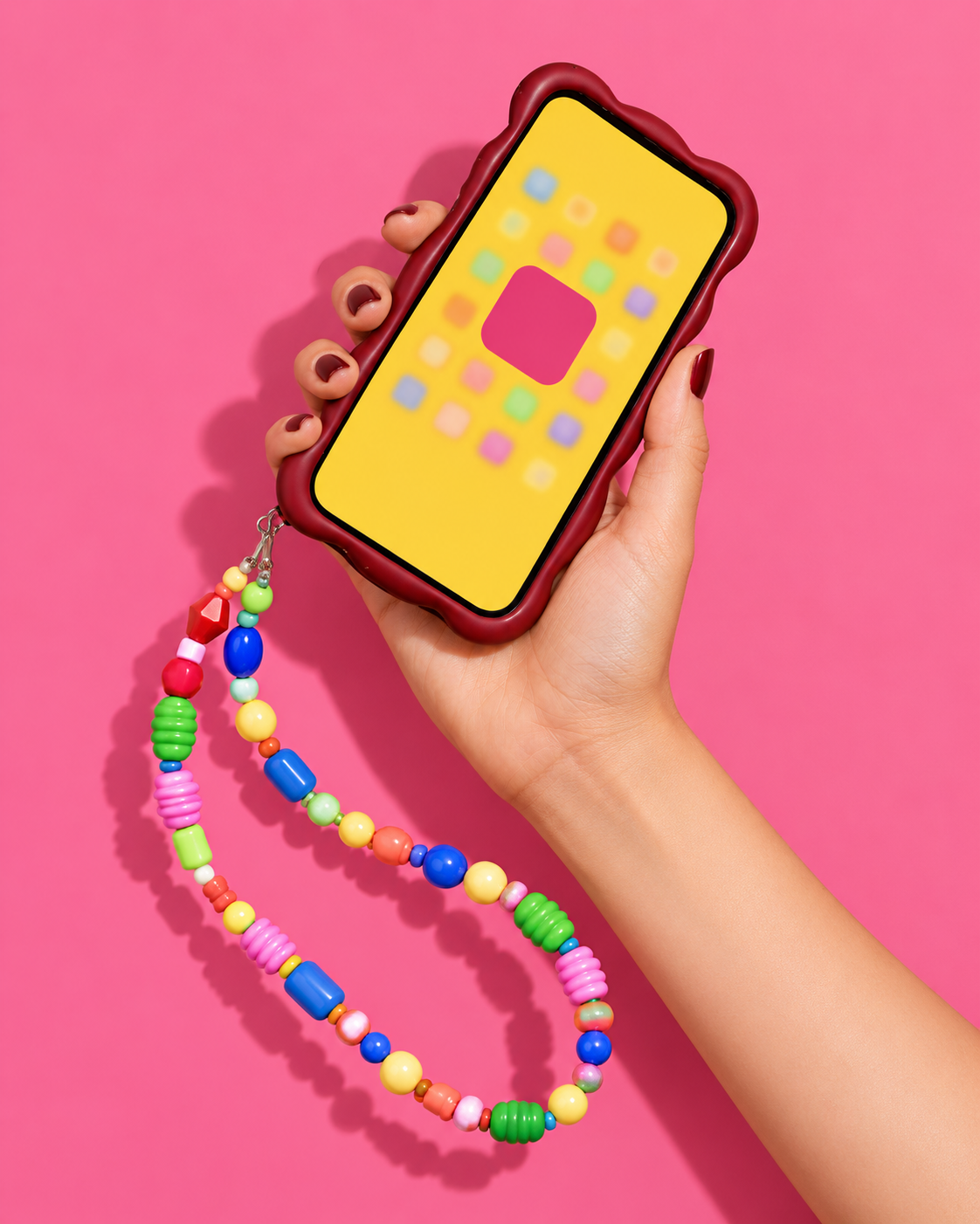 Piste 3 : smartphone en diagonale, perles colorées.